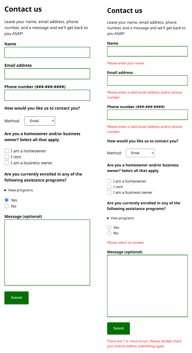 An image of a Contact Us form shown with and without errors.