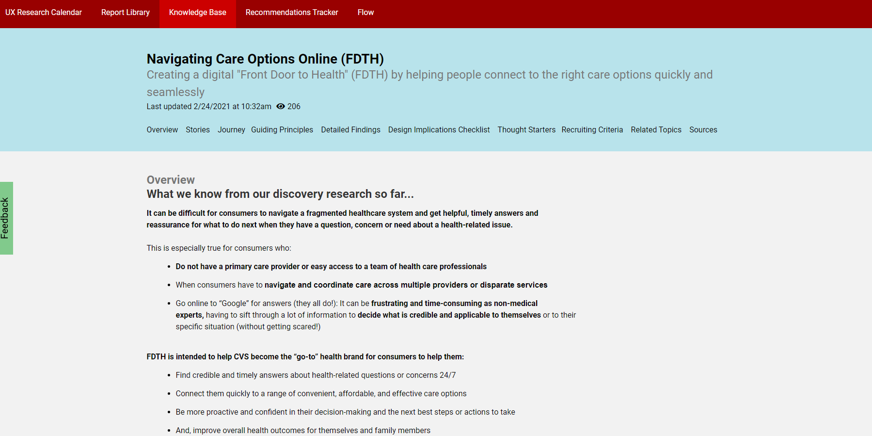An image showing a screenshot of an article page. Articles had a variety of different sections like an overview, user stories, journeys, guiding principles, insights, design implications, and more.